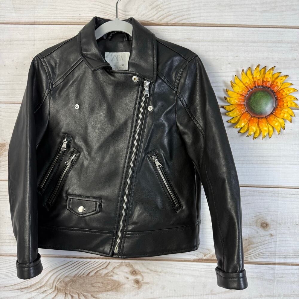 Zara Kids Black Faux Leather Moto‎ Biker Jacket Size 8